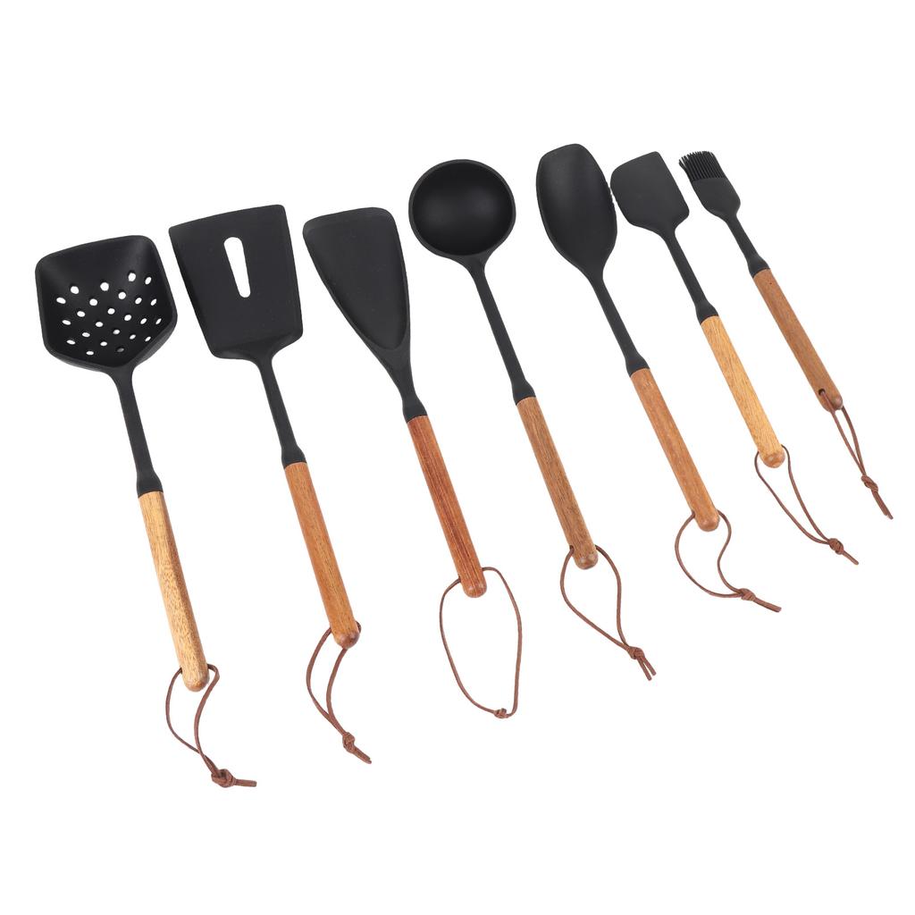 7PCS Kitchen Cooking Utensils Silicone Heat Proof Nonstick Cooking Spatula Turner Spoon Set with Wooden Handle for