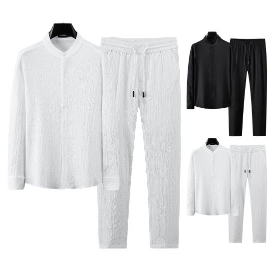 Men Shirt Pants Set Elastic Waist Wide Leg Stand Collar Plus Size Single-breasted Solid Color Thin Soft Casual Long Sleeve
