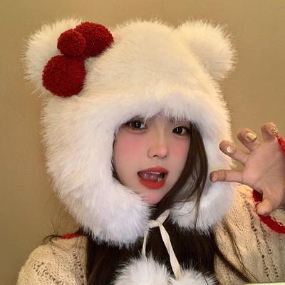 Katzenohrenmütze mit Schleife für kaltes Wetter, Plüschmütze für Mädchen und Damen, winddichte Ohrenklappenmütze, auch als Bergsteigerschal geeignet