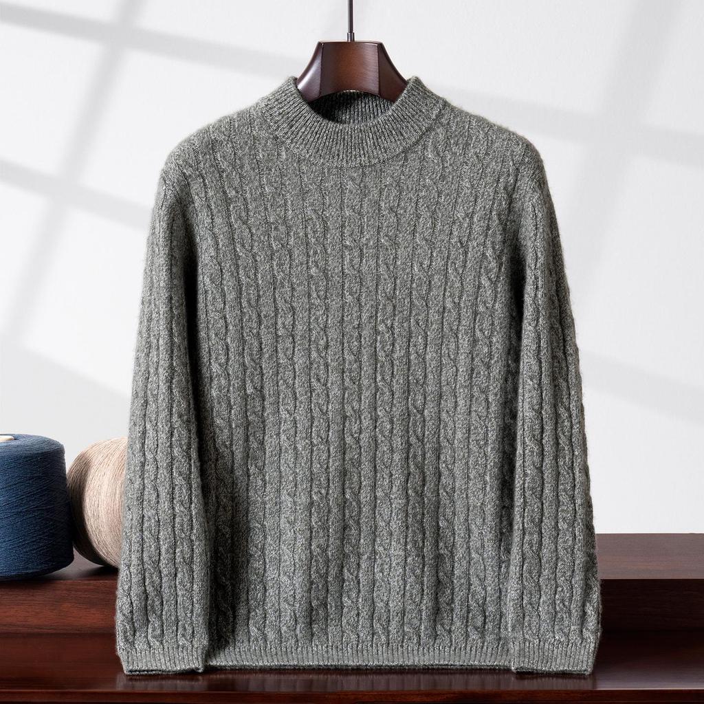 Men's Cashmere Yarn Half-High Collar Cable Knit Loose Casual Sweater - Thick, Warm, Long Sleeve for Winter