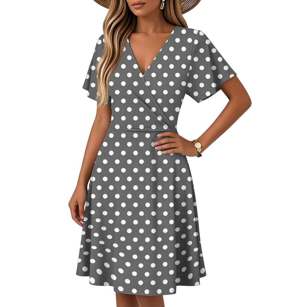 Women’s Flare-Sleeve Short-Sleeve Casual Dress Polka-Dot Printed V-Neck Dress