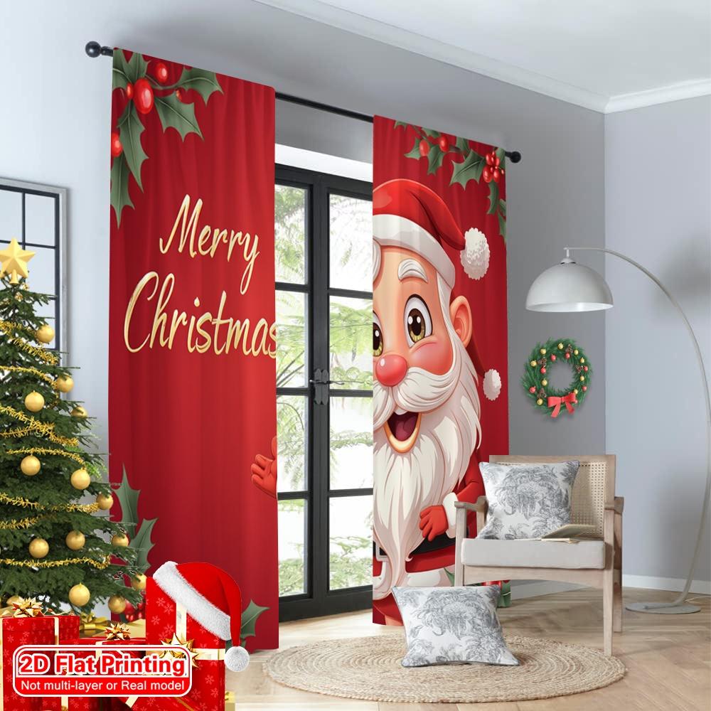 2pcs 2D Flat Printing Christmas Party Curtain Vintage Santa Merry Christmas 100% Polyester Fabric Without Electricity 0 Perfect