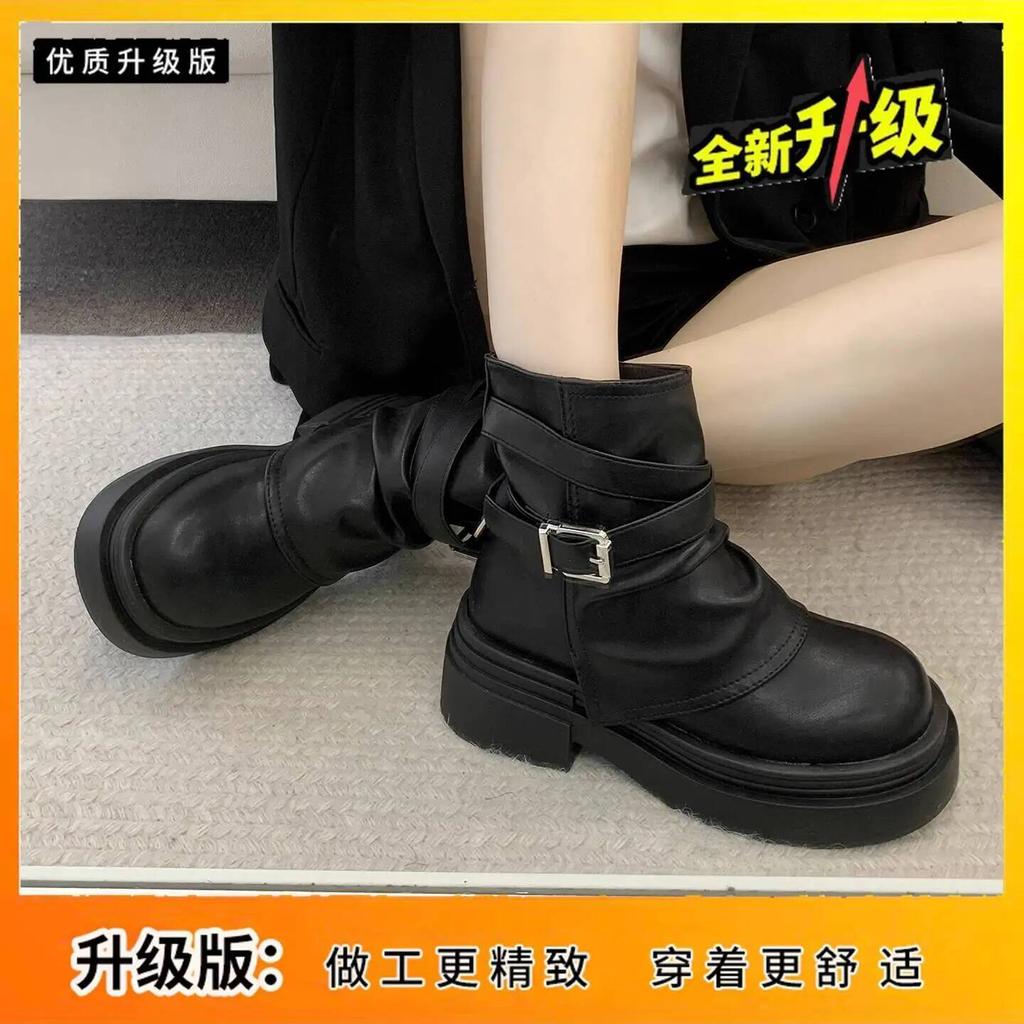 New Women'S Boots Black Short Tube Chunky Heel Ankle Boots Spring Autumn Versatile British Retro Maillard Boots