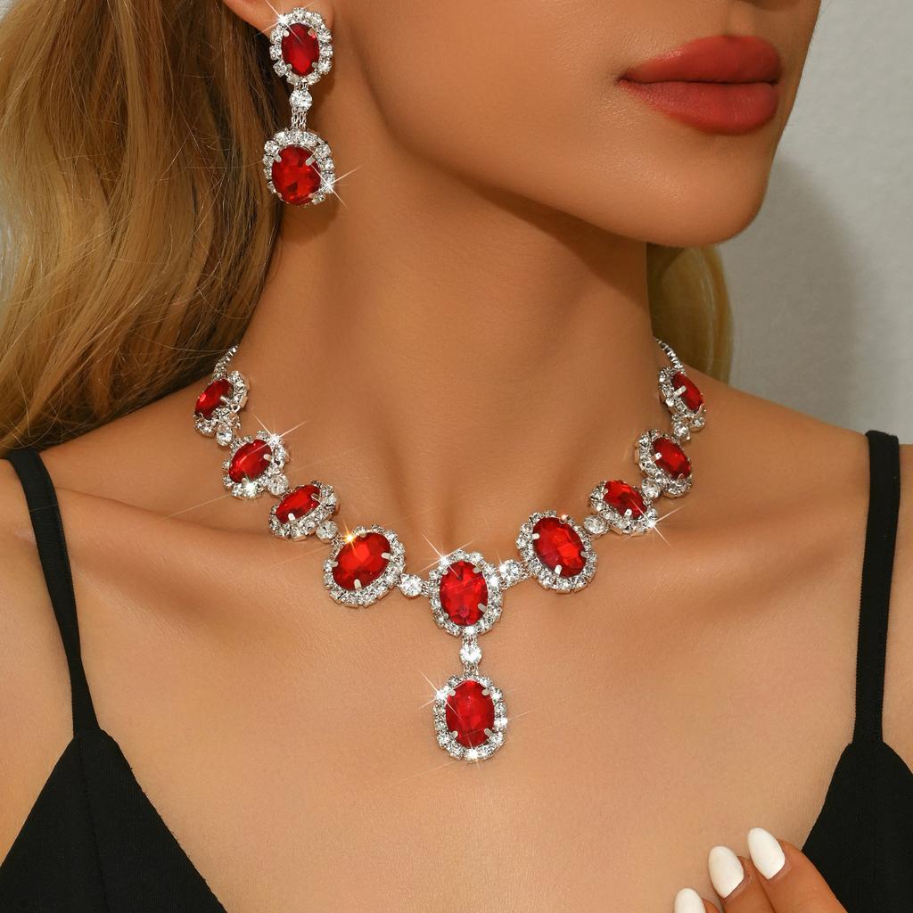 Fashion Colored Diamond Water Drop Shape Super Flash Temperament Set Chain Earrings Necklace Exaggerated Two-Piece Bridal Jewelry