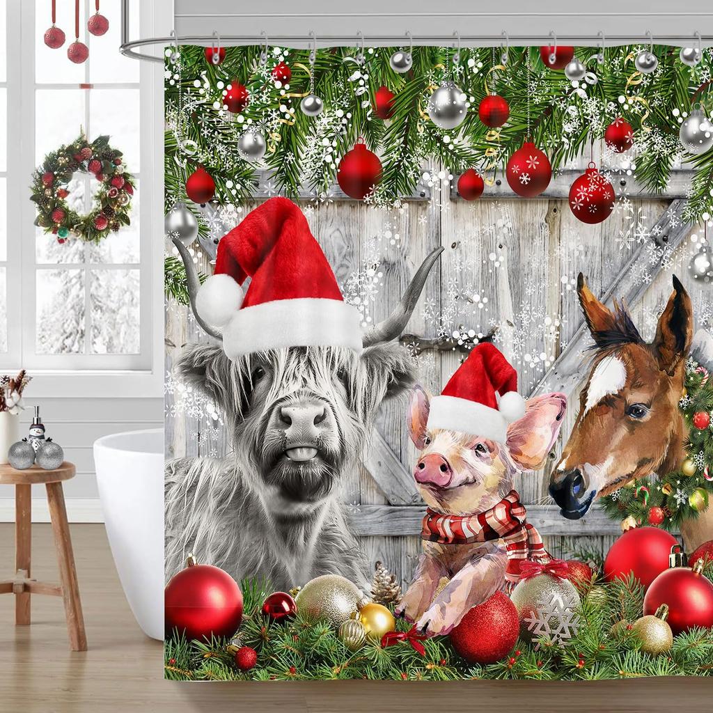 Funny Christmas Shower Curtain, Rustic Farmhouse Winter Christmas Ball Snowflake Shower Curtain Holiday Decorative, Farm Animals