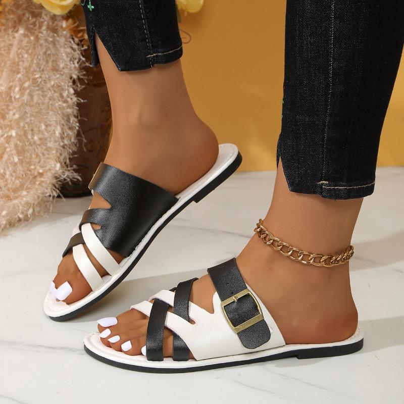 Women's Large Size Slippers Summer New Color Block Round Toe Straight Flat Outside Casual Sandals