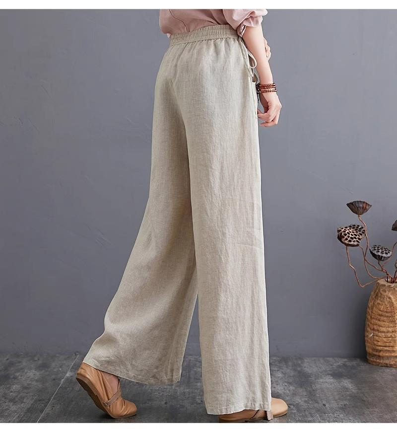 Frühlings- und Sommer-Literarische Baumwoll- und Leinenhosen Locker Große Größe Weiter Bein Hosen Hohe Taille Bodenlange Hosen Gerade Hosen Leinen Damen Hosen