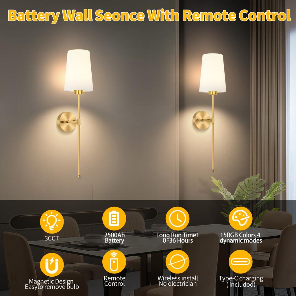 Battery Operated Wall Sconce Set of 2,Gold Rechargeable Wall Lights with 2500mAh Dimmable Detachable Bulbs and Remote