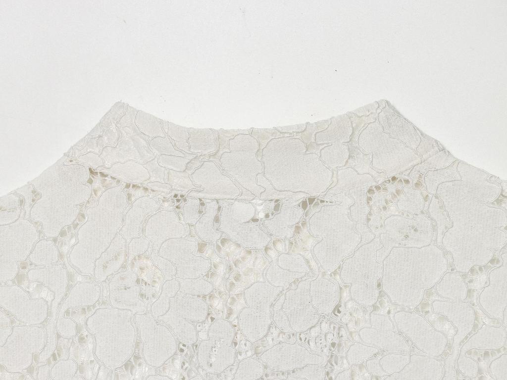 Elegant French Design Women's Lace Crochet Blouse with Stand Collar and Frog Button Detailing