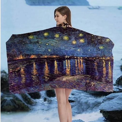 1 Extra Großes Weiches Handtuch im Stil von Van Goghs Sternennacht mit Wirbelnebel-Aufdruck Mikrofaser-Badetuch Ideales Geschenk Strandtuch
