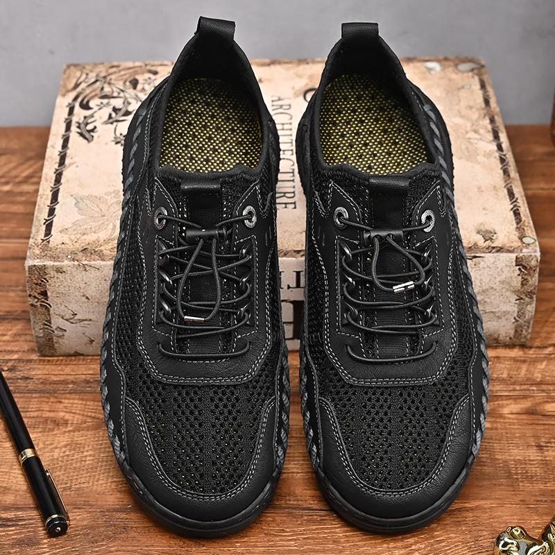

Men Breathable Mesh Casual Shoe with Handmade Stitching Elastic Band Anti Slip Sweat Absorbing Outdoor Driving Beach Shoe 38 чёрный