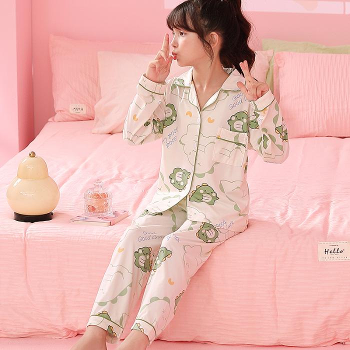 Spring & Autumn Cotton-Feel Girls' Cardigan Pajama Set - Long Sleeve & Pants