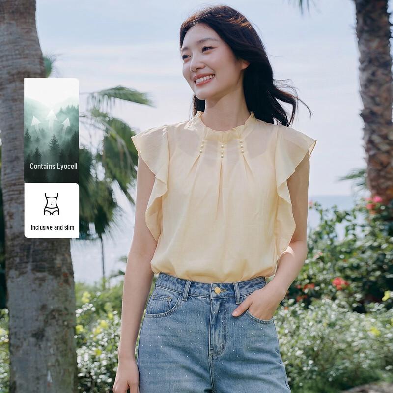 Qiu Shui Yi Ren Women s Ruffled Flutter Sleeve Chiffon Top L