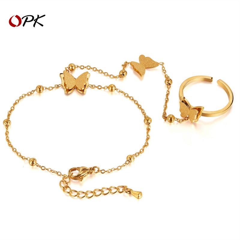 

European & American Fashion Stainless Steel Frosted Butterfly Bracelet and Ring Set for Women