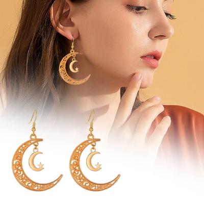 1 Pair Retro Star Moon Hook Earrings Female Double Moon Hollow Design Drop Earrings Ethnic Style Jewelry Accessories