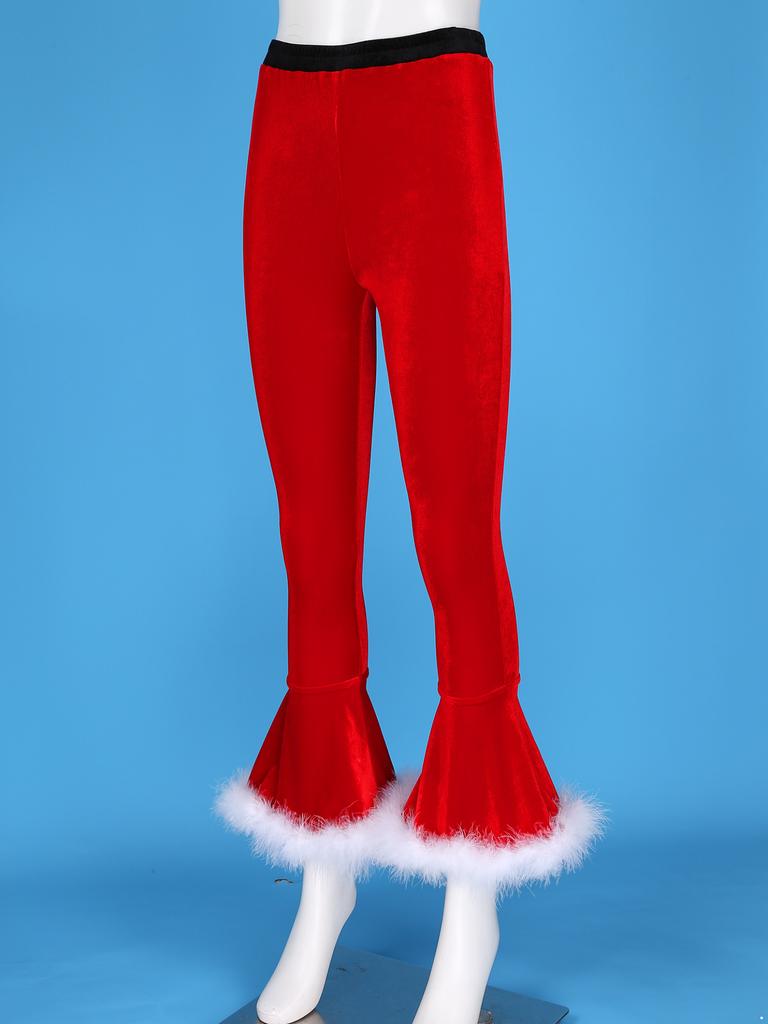 Women's Velvet Christmas Cosplay Faux Fur Adorned Elastic Waist Flare Leg Long Pants Trousers
