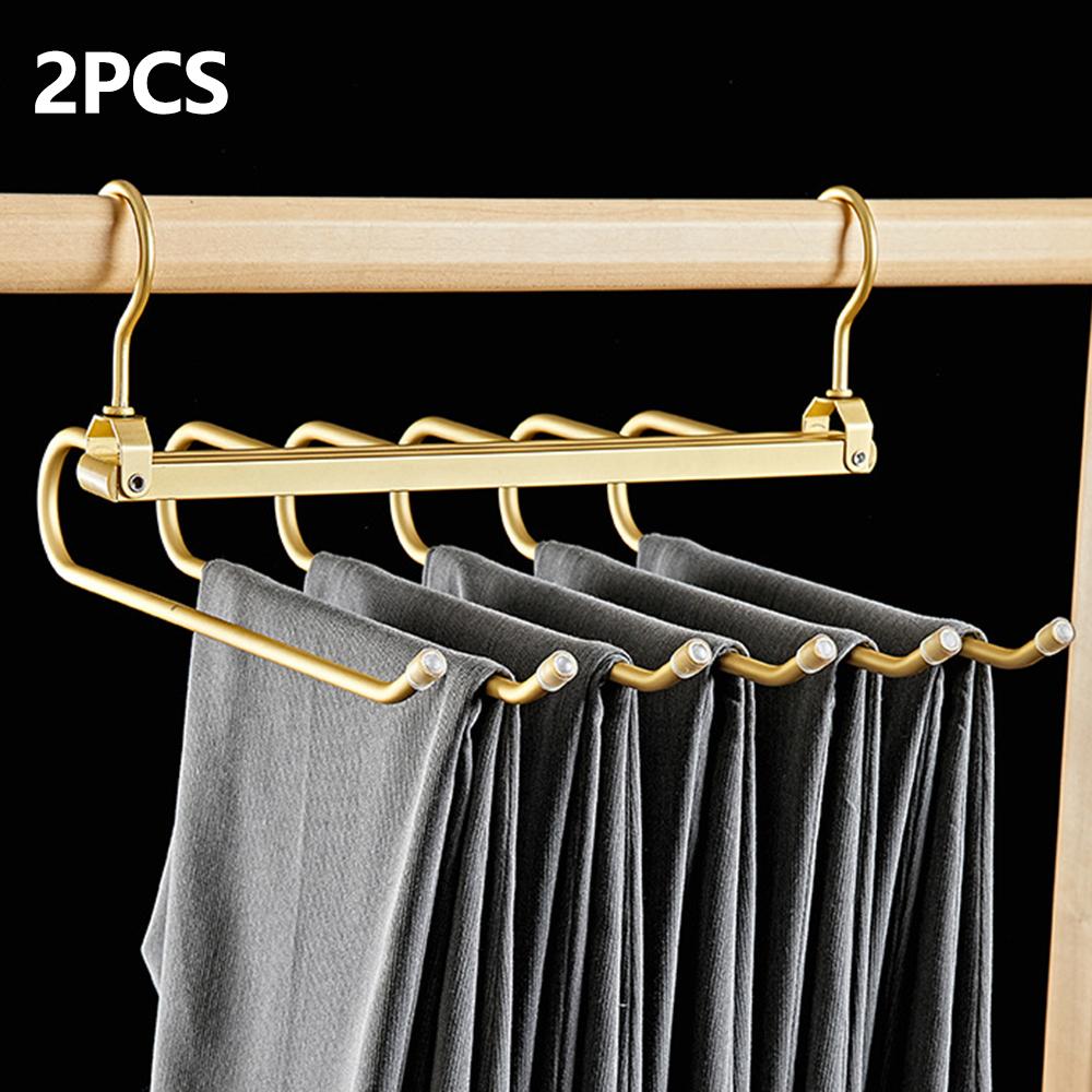 

2Pcs Foldable Aluminum Alloy Pants Hanger 6 Layer Space Saving Wardrobe Trouser Organizer Gold