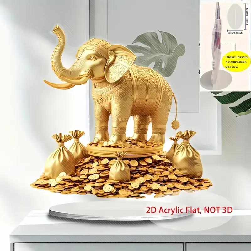 1PCS Auspicious Golden Elephant Faux Leather Acrylic 2D Printed Desktop Decoration for Home And Office Decor