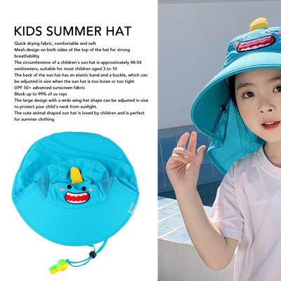 Summer Kids Sun Protection Hat Shawl Cartoon Printed Sun Hat with Whistle Lake Blue