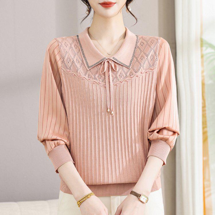 

Elegant Retro-Style Women s Knit Top with Lapel Design - Fashionable and Casual for Spring and Autumn 2XL
