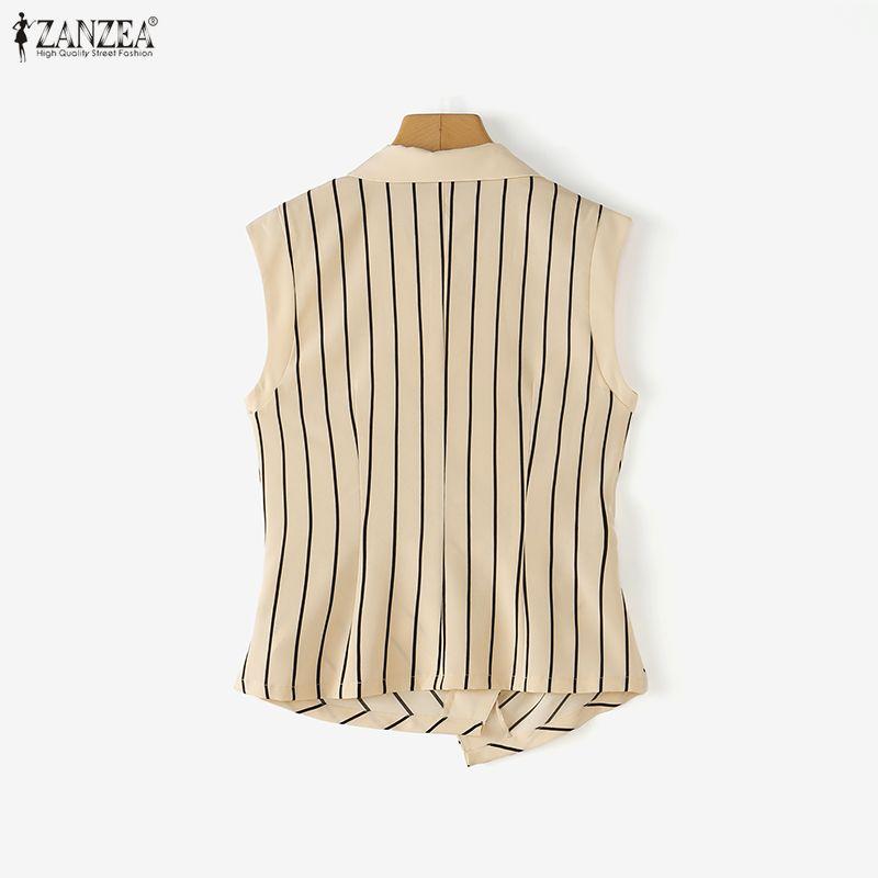 ZANZEA Blusa da Donna Elegante a Maniche Corte con Collo a Revers e Stampa a Righe Casual