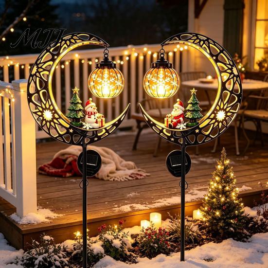 Automatic Dusk to Dawn Lights Solar Christmas Moon Light, Santa Snowman Crescent Garden Stake Warm Winter Courtyard Decorations LED Glow, Festive