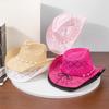 Women Cowboy Hat Unisex Hollow Out Summer Solid Color Curled Edge Strap Jazz Hat Decorative Vintage Braided Lafite Straw Hat