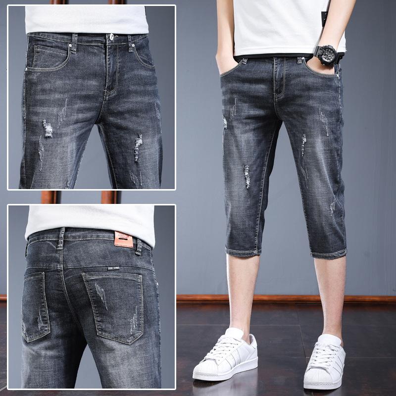 

Эластичные перфорированные капри для мужчин, летние тонкие брюки с завязками, прямые брюки с нашивками, высококачественная мягкая и дышащая мужская одежда 38