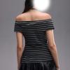 Summer punk retro street cross hot diamond one shoulder striped slim fit top