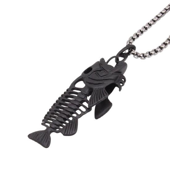 Fish Bone Necklace, Punk Street Style Hollow Fish Skeleton Pendant Design, Durable Alloy Chain for Women And Girls чёрный