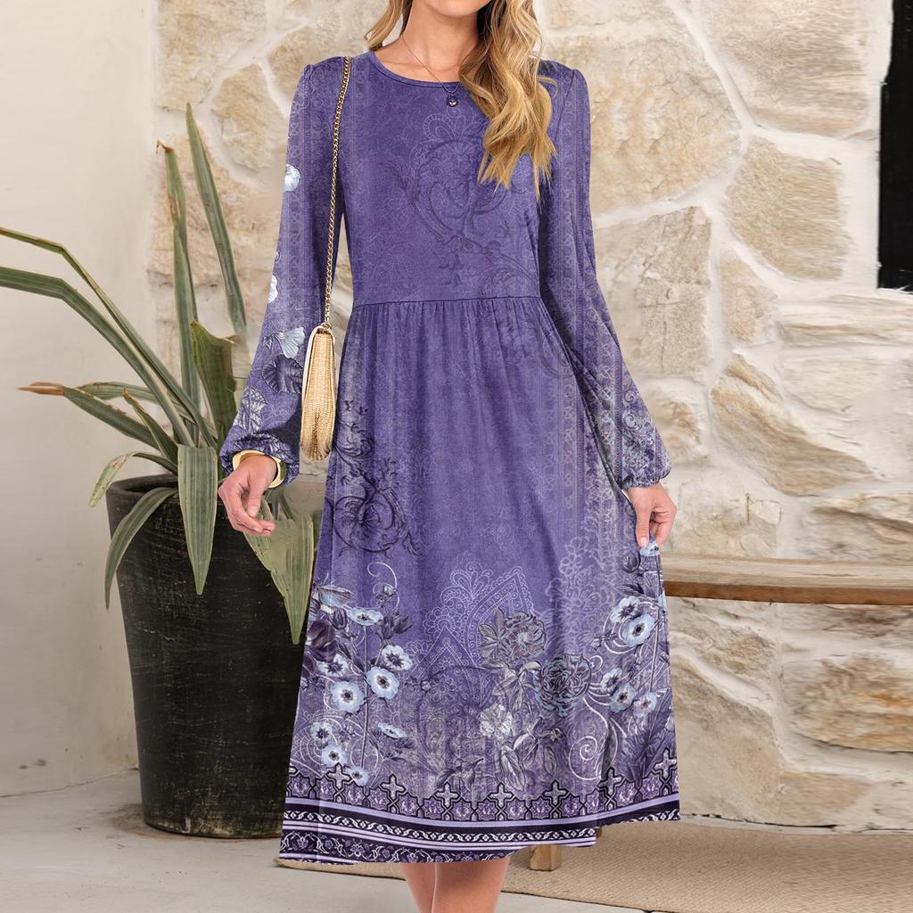 Women's Fashionable Loose Retro Printed Round-neck Dress