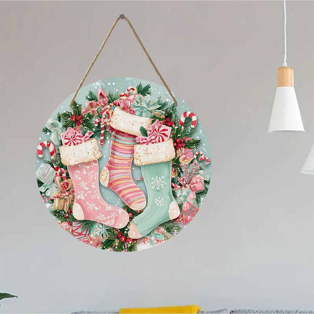 Vintage Christmas stocking print decorative Round Wooden Hanging Plaque festive natural wood wall sign holiday home decor front door ornament