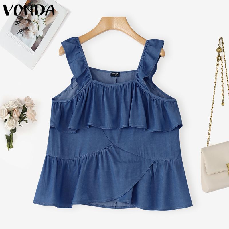 

VONDA Женские летние топы без рукавов на бретелях с неровными слоями и оборками, повседневные майки 4XL темно-синий
