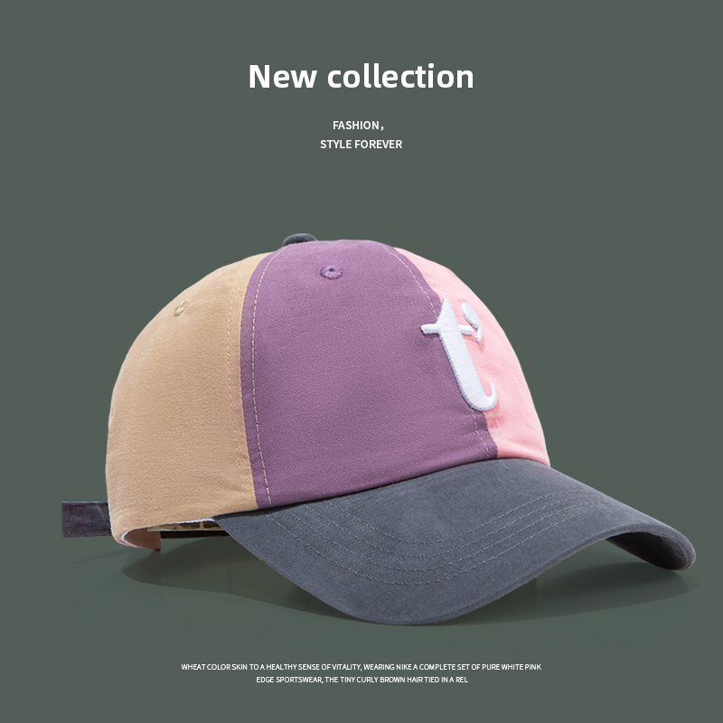 

Color Matching Baseball Cap American Niche Style Stitching Contrast-Color Soft Peaked Cap Stylish Retro Wide Brim Face-Looking Small Baseball Cap t-scale Embroider-pink purple Adjustable