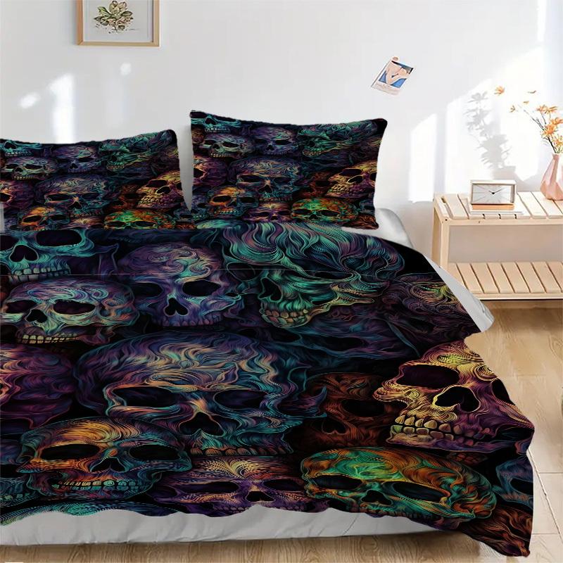 3pcs Skull Festival Bedding Set, Includes 1 Comforter + 2 Pillowcases, Without Pillow Inserts, Soft Comfortable, Lightweight Breathable096