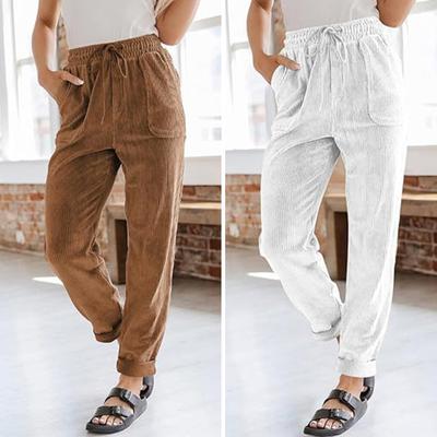 Yousheng Damen Cordhose, hohe Taille, Baggy, Kordelzug, elastischer Bund, Freizeithose, lockere Passform, gerades Bein, Taschen, Arbeitshose
