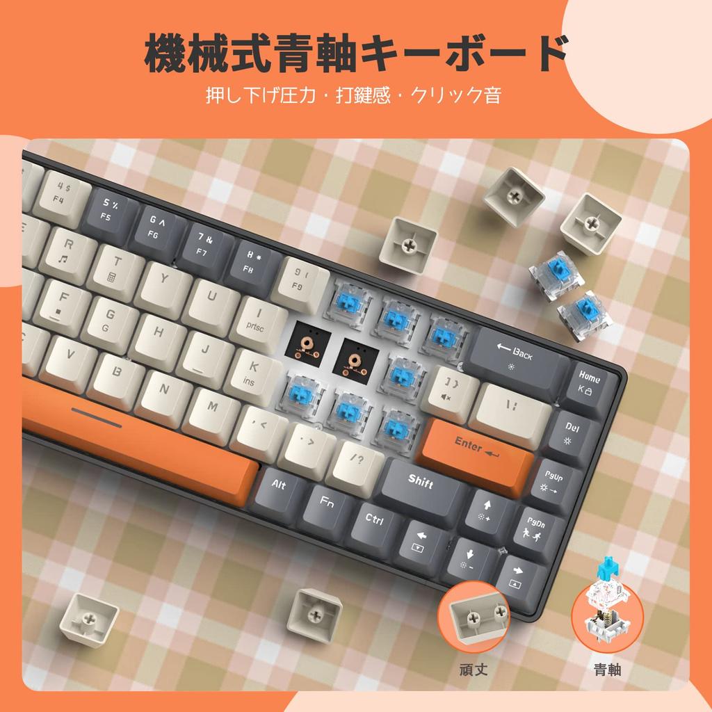 T8 Wired Mechanical Gaming Keyboard with RGB LED TKL Coiled Japanese Instruction Blue Switches 65% Backlighting, Anti-Collision Low-Noise Cable,