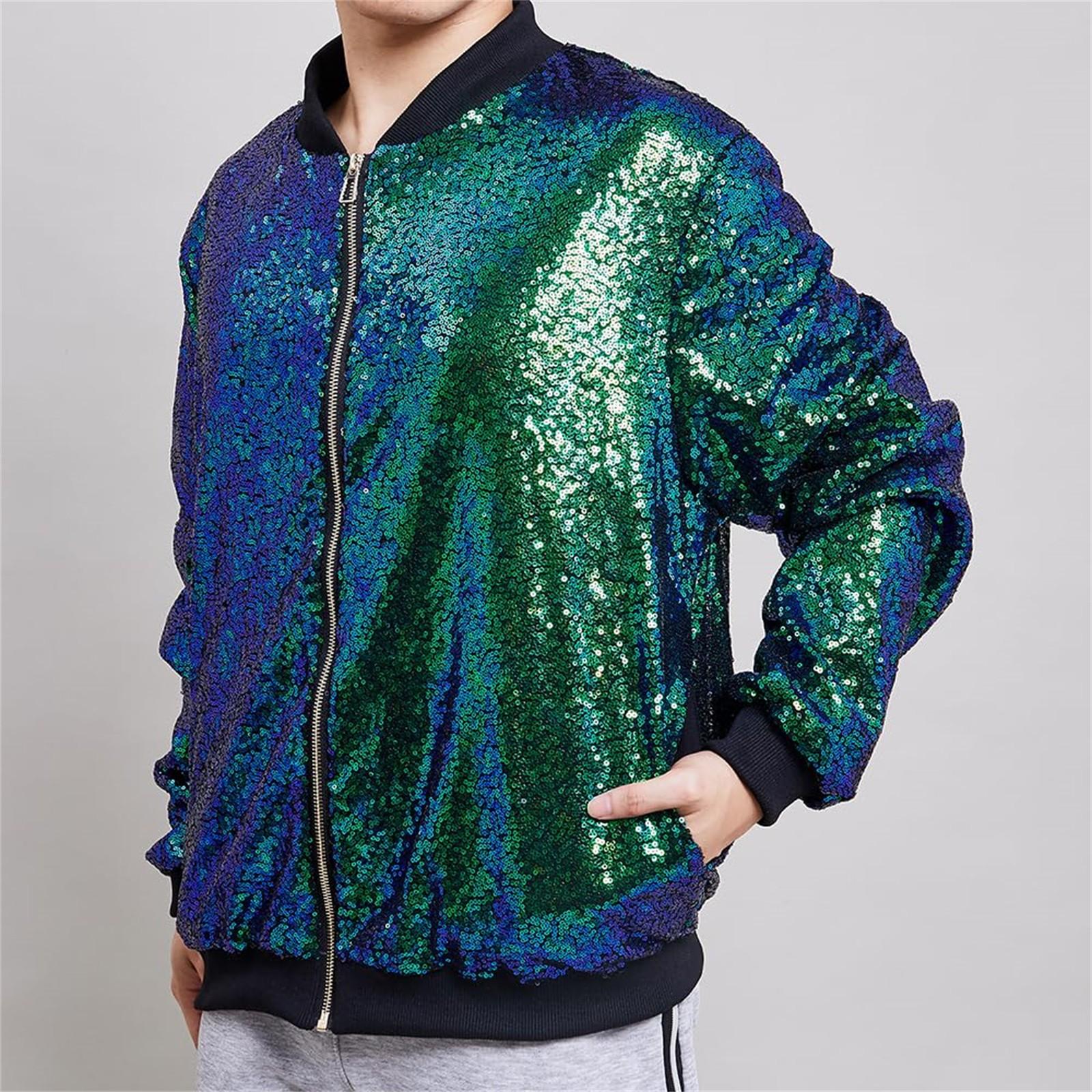 

Мужская куртка с пайетками, праздничное пальто, праздничный наряд, флип-бейсбольная форма с пайетками для концерта M темно-зеленого