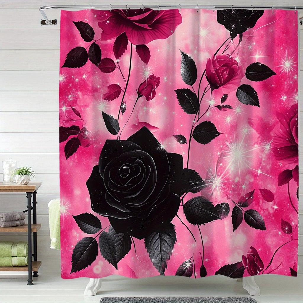 Open 1pcs Pink Rose Flower Theme Digital Printed Shower Curtain, Shower Curtain with Hooks, Home Decor, Curtain Home Decor
