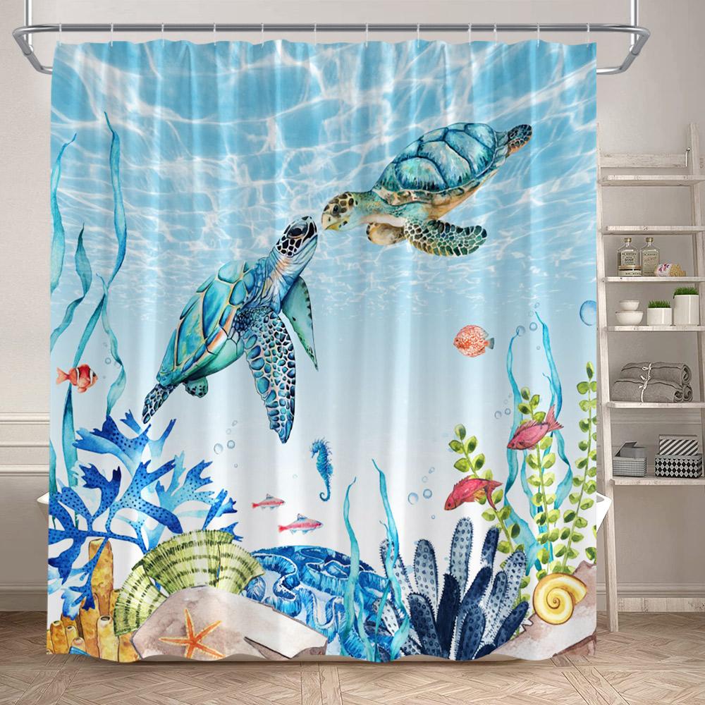 Sea Turtle Shower Curtains Funny Ocean Animals Coral Underwater Scenery Bath Curtain Polyester Fabric Bathroom Decor With Hooks
