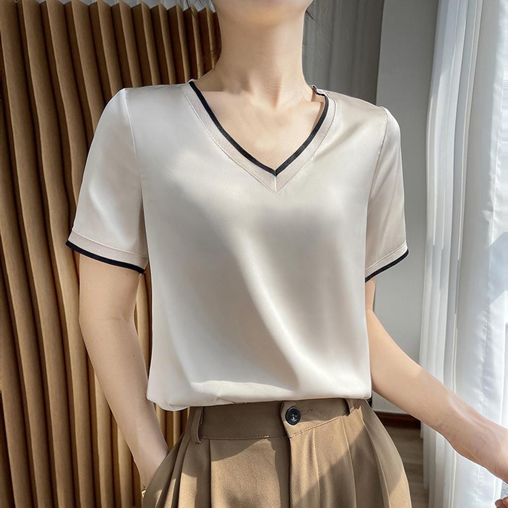 Peach Women Shirt 2026 Summer New Silk Satin Short Sleeve T Shirt Women'S Mesh Solid Color Vest Temperament V Neck Apparel Shirt
