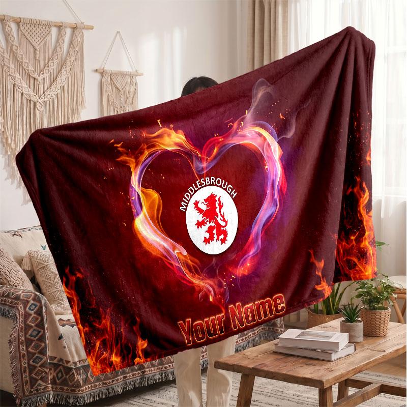 Middlesbrough FC Personalized Fleece Blanket With Football Logo, Custom Name Text Soft Warm Home Throw Blanket