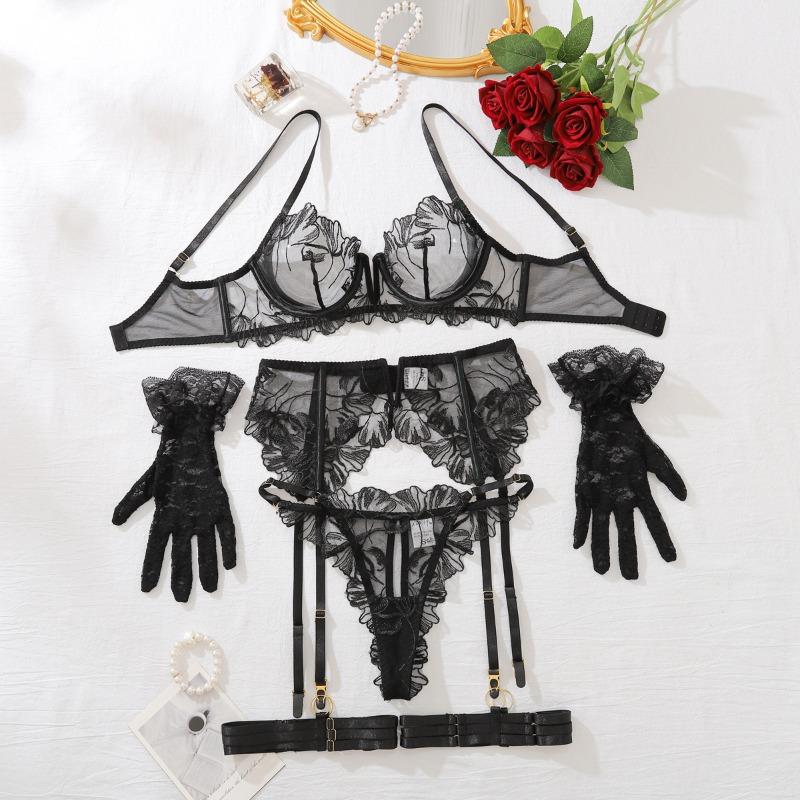Womens 5 Piece Set Transparent Floral Lace Bra Thong Garter Set with Gloves Sexy Lingerie Sets Sensual Underwear Erotic Costumes