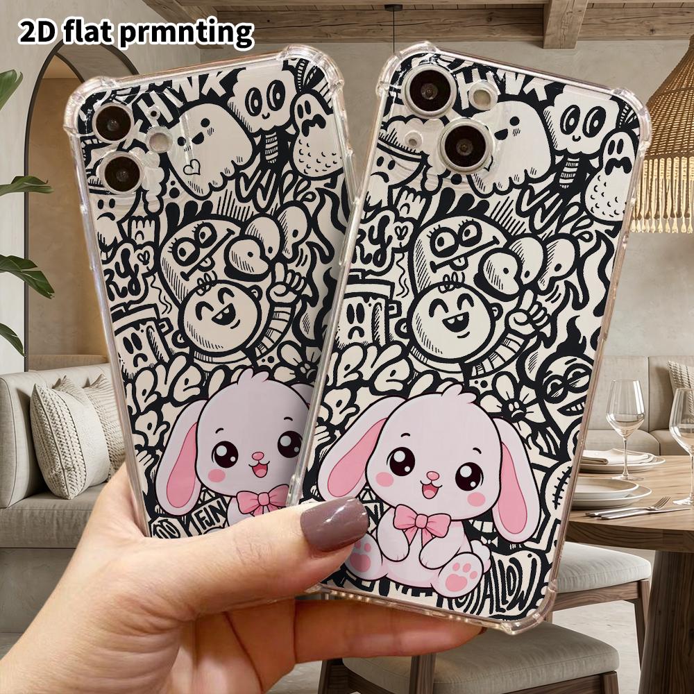Phone Case: 2D Flat Suitable for iPhone 18 17 16 15 14 13 Pro, Transparent Four Corner Protective Case, Pink Drooping Eared Rabbit, Christmas and Hall