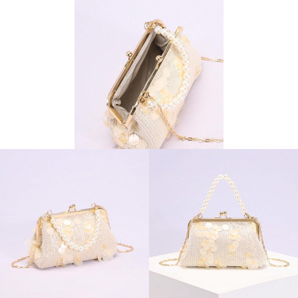 Shell Clutch Bag With Pearl Chain For Summer Vacation And Daily Use
