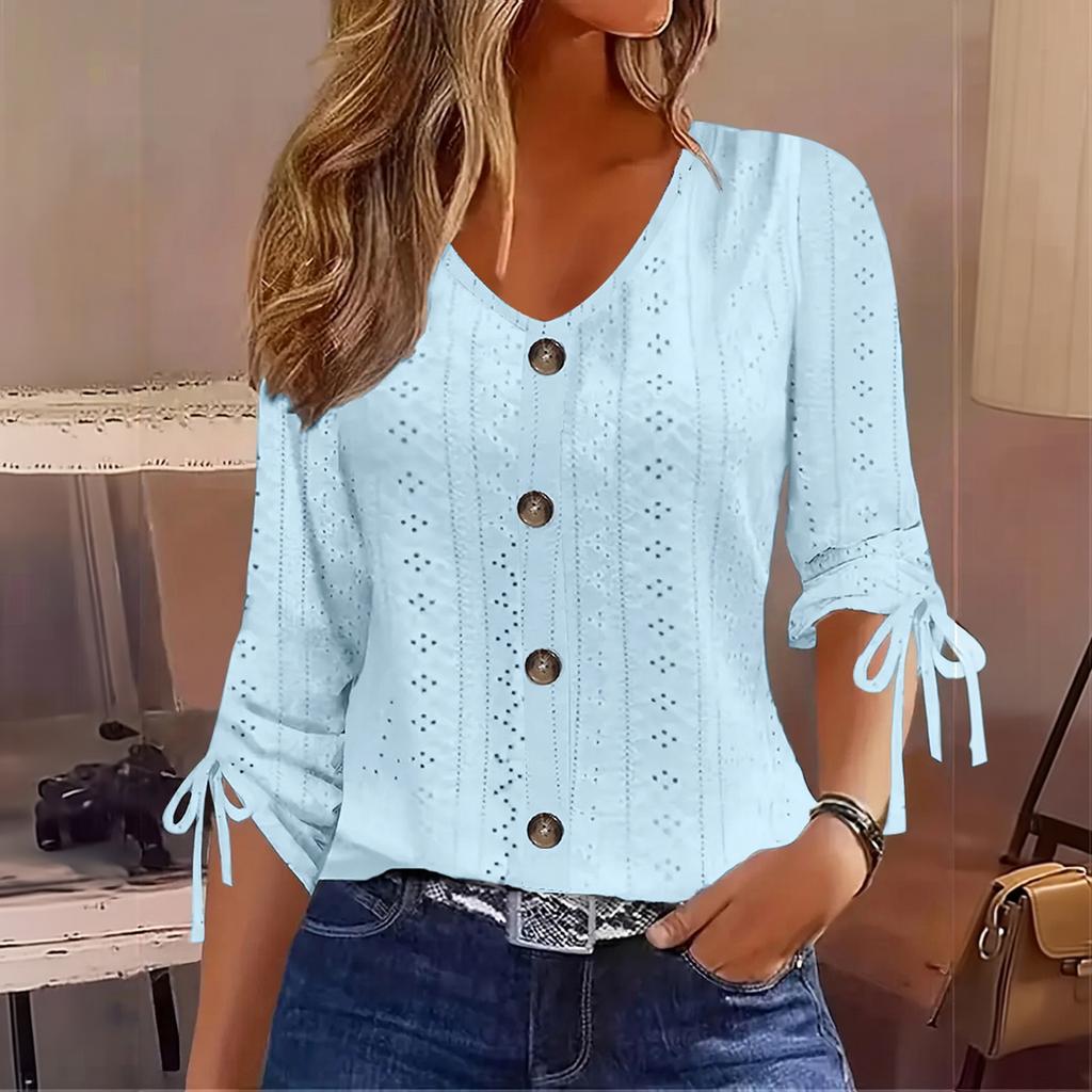 Damen V-Ausschnitt Knopfleiste Strickoberteil Mittellange Ärmel Strukturmuster Dehnbarer Sitz Leichtes Pullover-Shirt für Freizeitkleidung