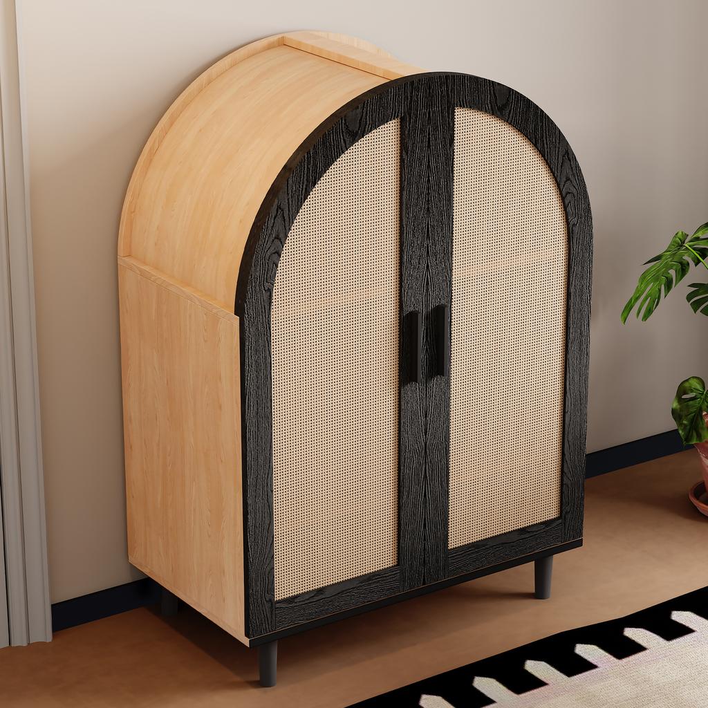 Elegant sideboard/shoe cabinet with rounded exterior, openwork rattan doors and three shelves.