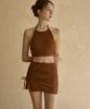 VIKINI VENDER Costa Backless Halterneck Bikini Skirt Set 3Pcs - Brown