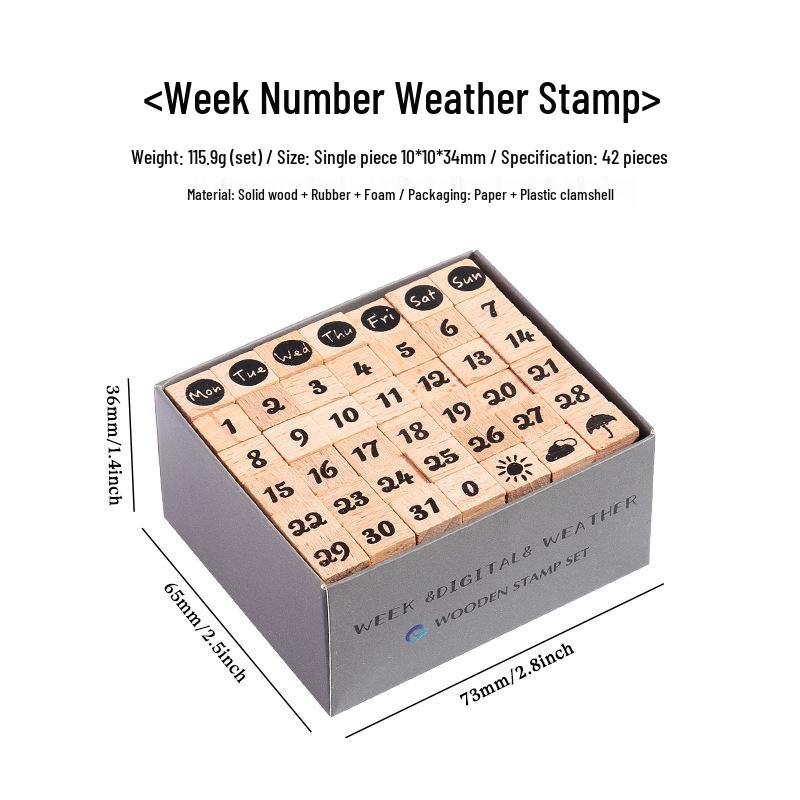 42-Piece Beech Wood Stamp Set: Numbers, Letters, Shapes & Emoticons.