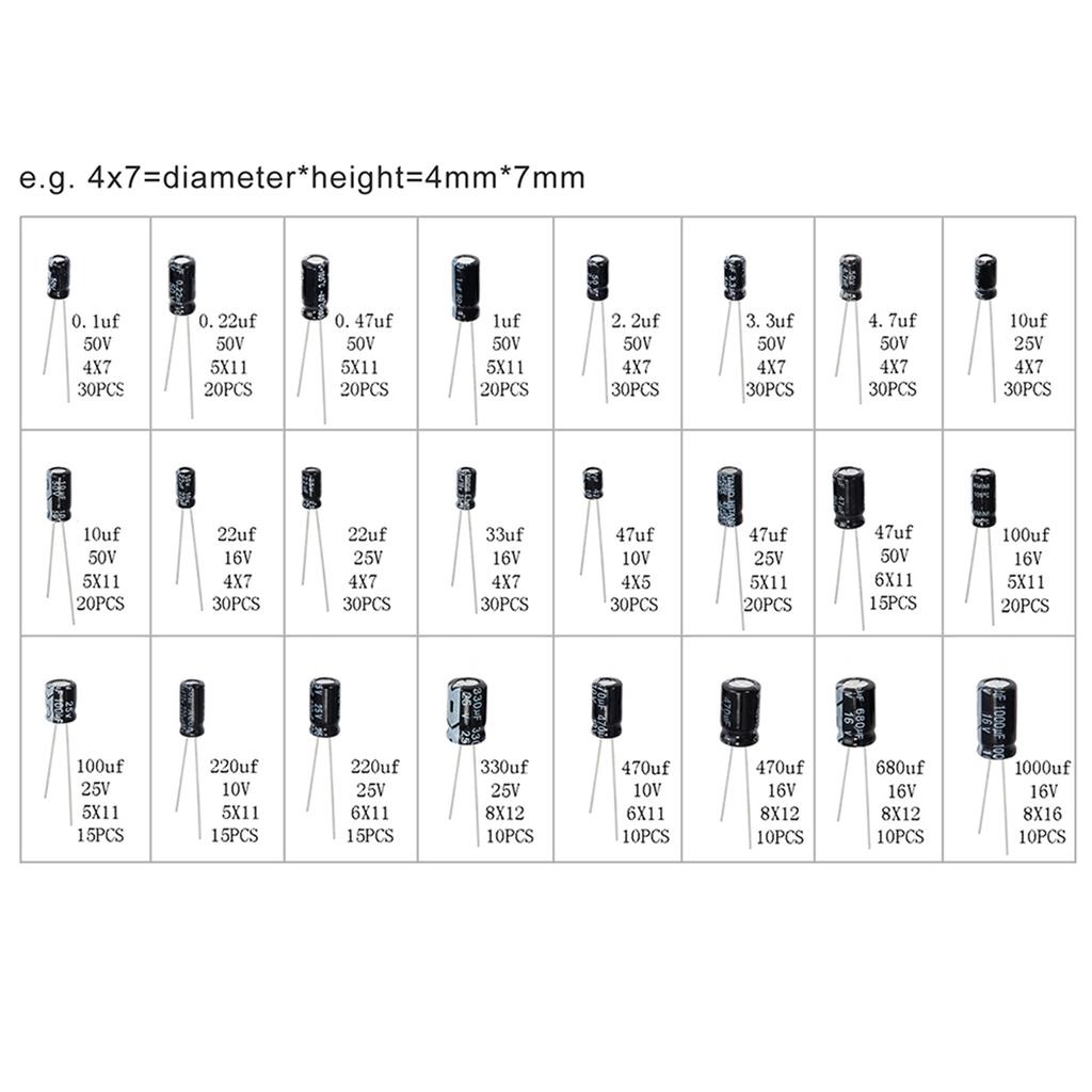 500pcs Electrolytic Capacitors Assortment Kit 24 Values 0.1UF 1000UF Aluminum Capacitors Set with Plastic Case